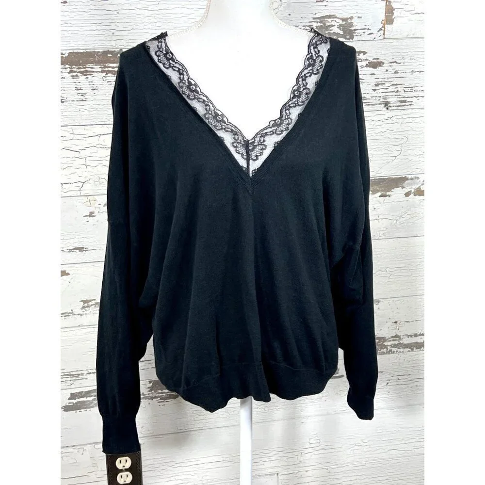 CABI Union Lace Trimmed Sweater 3/4 Sleeves Black Sz M #5632 EUC